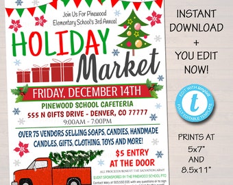 May include: A red and green printable flyer for a Holiday Market at Pinewood Elementary School. The flyer features a Christmas tree, presents, and a red truck. The event is on Friday, December 14th from 9:00 AM to 7:00 PM at the Pinewood School Cafeteria. The flyer states that there will be over 75 vendors selling soaps, candies, handmade candles, gifts, clothing, toys, and more. Admission is $5 at the door. All proceeds benefit the Salvation Army. The event is sponsored by the Pinewood School PTO.