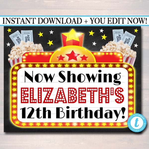 EDITABLE Movie Marquee Personalized Printable Sign, Hollywood Themed Decor, Digital File, Cinema Movie Star Birthday Party, INSTANT DOWNLOAD