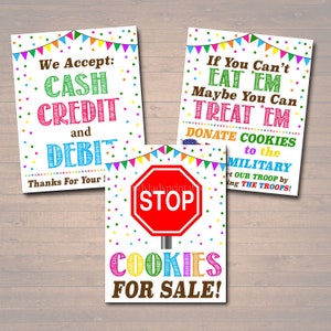 PRINTABLE Cookie Booth Sign Set, Accept Payments, Fundraising Booth, Stop Cookies, Donate Troops, Cookie Banner, Cookie Drop Booth Poster