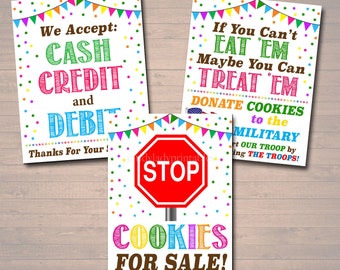 PRINTABLE Cookie Booth Sign Set, Accept Payments, Fundraising Booth, Stop Cookies, Donate Troops, Cookie Banner, Cookie Drop Booth Poster