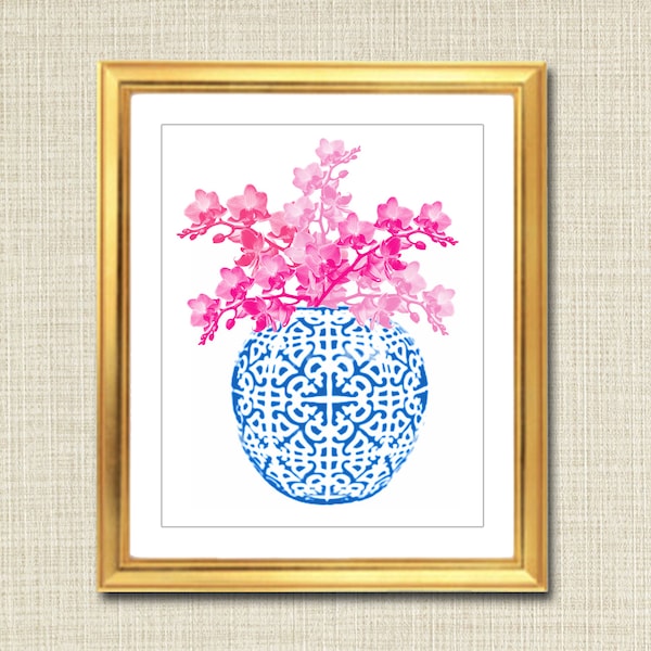 Blue and White Ginger Jar Digital Art Print, Chinoisierie Chic, INSTANT DOWNLOAD, Blue and White Chinoiserie Vase, Pink Floral Art Print