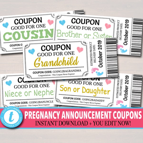 BEWERKBARE zwangerschap aankondiging coupons, INSTANT DOWNLOAD, afdrukbare coupons, goed voor één kleinkind, nichtje, grootouders tante, papa om te zijn