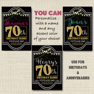 EDITABLE 70th Birthday Custom Wine Labels, Cheers to 70 Years, 70th Birthday Gift, 70th Party, Vintage Aged to Perfection 70th Printable image 2