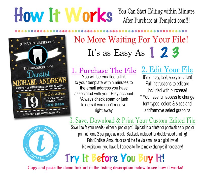 Editable Dentist Graduation Invitation Chalkboard Printable Etsy