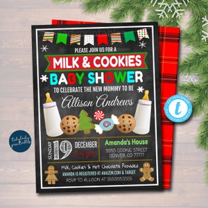 Christmas Milk and Cookies Baby Shower Invitation, Holiday Baby Sprinkle Invite, Holiday Milk & Cookies Decorating Party, Editable Template image 1