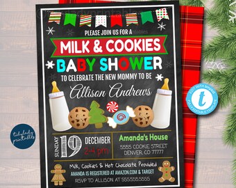 Christmas Milk and Cookies Baby Shower Invitation, Holiday Baby Sprinkle Invite, Holiday Milk & Cookies Decorating Party, Editable Template