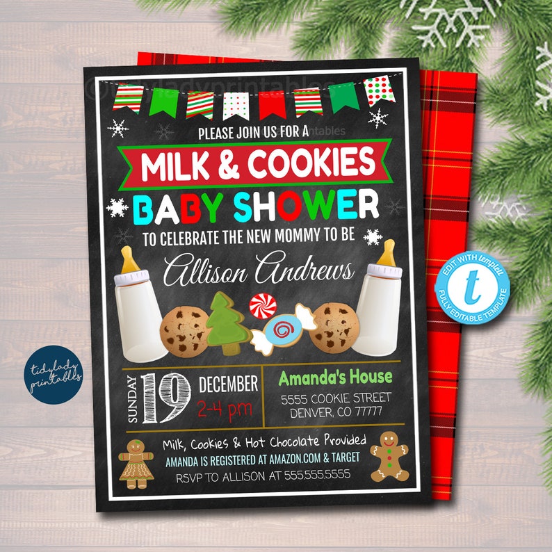 Christmas Milk and Cookies Baby Shower Invitation, Holiday Baby Sprinkle Invite, Holiday Milk & Cookies Decorating Party, Editable Template image 1