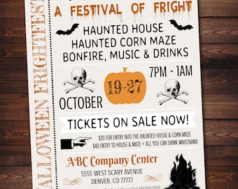 Puede incluir: Un folleto para un evento de Halloween Frightfest con un esquema de color negro y naranja. El folleto anuncia una casa encantada, un laberinto de maíz encantado, una fogata, música y bebidas. El evento tendrá lugar del 19 al 27 de octubre, de 7 pm a 1 am. Las entradas están a la venta ahora. El folleto incluye la dirección y el número de teléfono del evento.