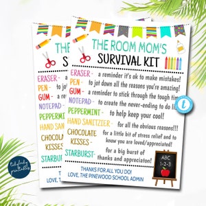 EDITABLE Room Mom&#39;s Survival Kit Printable, Back to School Gift, Pta Pto, School Staff Appreciation Day, Thank You Gift Idea TEMPLATE