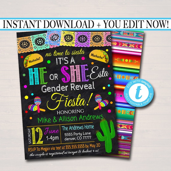 Editable Gender Reveal Fiesta Nacho Average Baby Shower Invitation Chalkboard Printable Baby Sprinkle He or She-Esta Invite INSTANT DOWNLOAD Il_570xn