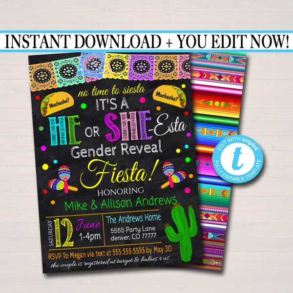 Editable Gender Reveal Fiesta Invitation: He or She-Esta, Chalkboard (Digital Download)