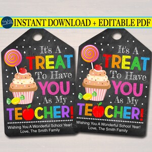 EDITABLE Teacher Printable Sweet Gift Tag Back To School First Day of School, Valentine&#39;s Day Gift For Teacher Cookie Candy INSTANT DOWNLOAD