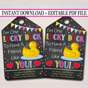 EDITABLE Rubber Duck Valentine's Day Gift Tags, Daycare Friend, Preschool Classroom Printable, Valentine Lucky Duck Tag, INSTANT DOWNLOAD image 1