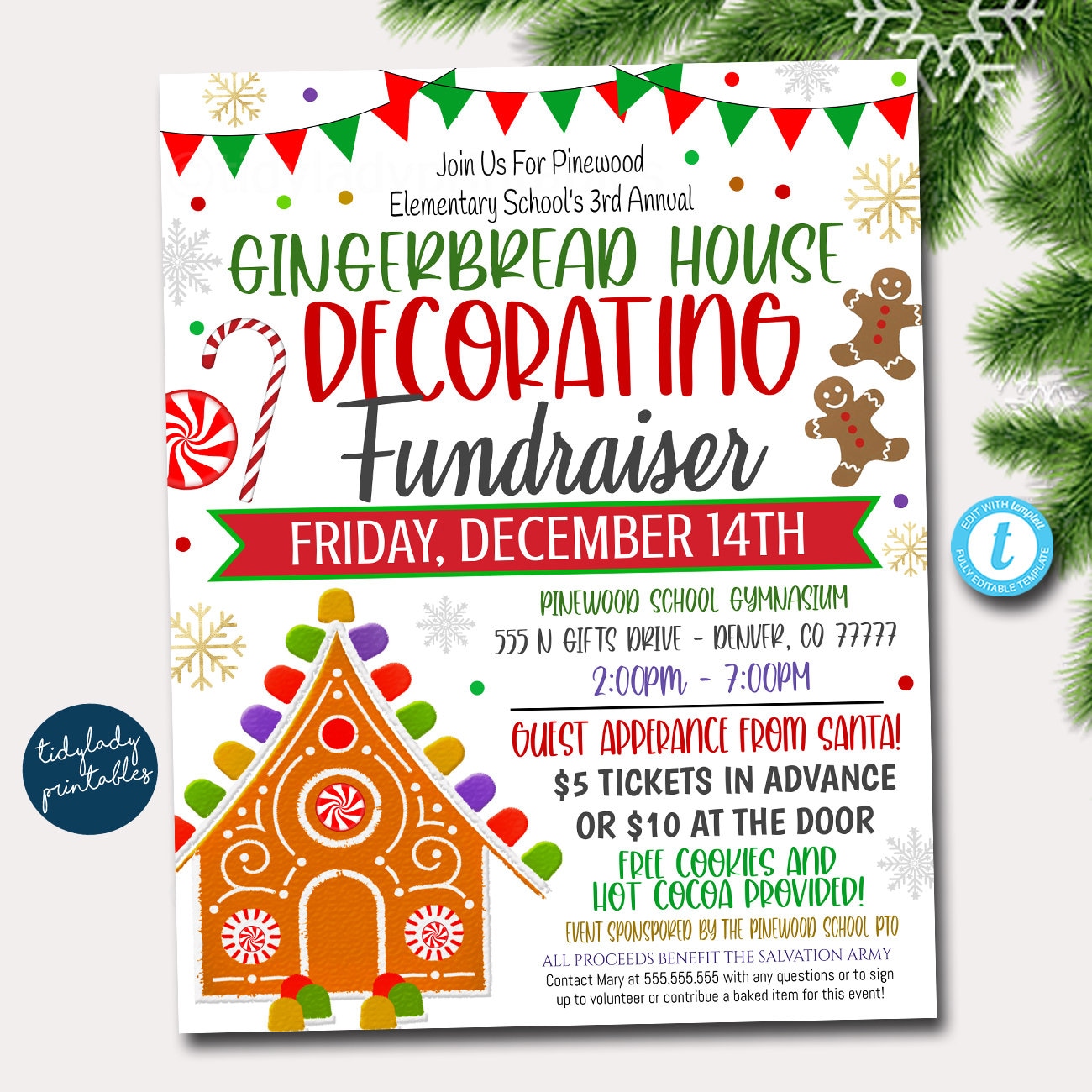 gingerbread house decorating fundraiser flyer: holiday invitation
