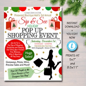 Christmas Shopping Flyer, Holiday Pop up Shop Boutique Show Invitation, Women&#39;s Sip & Shop Shopping Event, Sales Xmas Announcement, EDITABLE