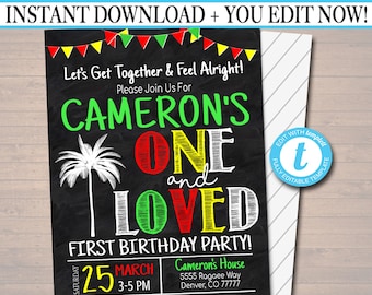 EDITABLE One Love First Birthday Party Invitation, Jamaica Reggae Theme Theme, One Year, Let's Get Together & Feel Alright, INSTANT DOWNLOAD