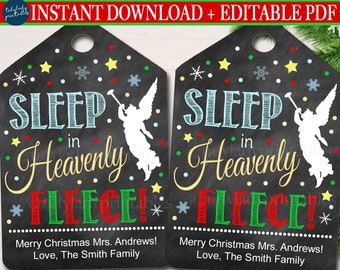 EDITABLE Sleep in Heavenly Fleece Christmas Gift Tags, Secret Santa, Office Staff Teacher Holiday Printable, White Elephant INSTANT DOWNLOAD