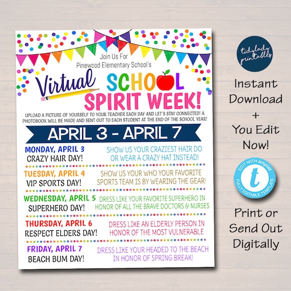 Virtual School Spirit Week Itinerary Schedule, Daily Weekly Calendar, School Pto Pta, Online Homeschool Planner Printable, Editable Template Il_570xn
