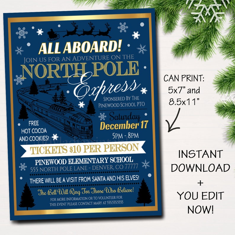 EDITABLE North Pole Polar Express Train Event with Santa Flyer & Ticket Invitation, Kids Christmas Party, Printable School Church Holiday image 2