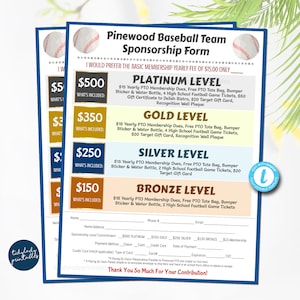 Baseball Sponsorship Form, Sponsership Membership Donation Signup Printable Handout, Team School Sports Fundraiser Event, EDITABLE TEMPLATE