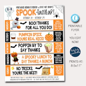 Halloween Lehrer Anerkennung Woche Flyer, Mitarbeiter Mitarbeiter Einladung, Herbst druckbare Wertschätzung Zeitplan der Ereignisse, DIY EDITIERBARE VORLAGE