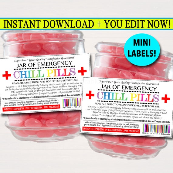 EDITABLE Chill Pills Label, Funny Gag Gift Professional Office Gift ...