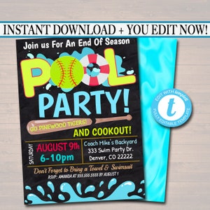 Editable Softball Pool Party Invitation: End of Season BBQ (Digital Invite)