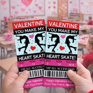 Tarjetas editables de San Valentín con boletos de patinaje sobre hielo, tarjeta de San Valentín con una patinadora (descarga instantánea)