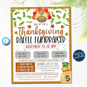 Thanksgiving Raffle Ticket Fundraiser Flyer, Split the Pot Raffle, Cash Tombola Flyer, Sport Herbst Fundraiser, pto pta Church School Charity