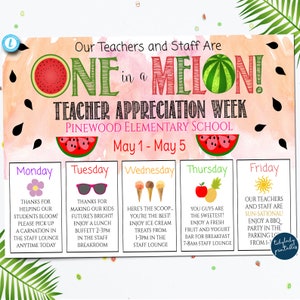 EDITABLE Teacher Appreciation Week Itinerary Poster, Summer One in a Melon Theme Schedule of Events, INSTANT DOWNLOAD, Fundraiser Printables