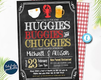 May include: A chalkboard style baby shower invitation with the text "Huggies, Buggies and Chuggies" in red, gold, and white. The invitation is for a baby shower honoring Michael & Allison. The event is on Friday, February 23rd from 5pm to 9pm at the New Parent Restaurant, 1111 Give Me Diapers Lane, Denver, CO 55555. The invitation includes a diaper, a lobster, and a beer mug.