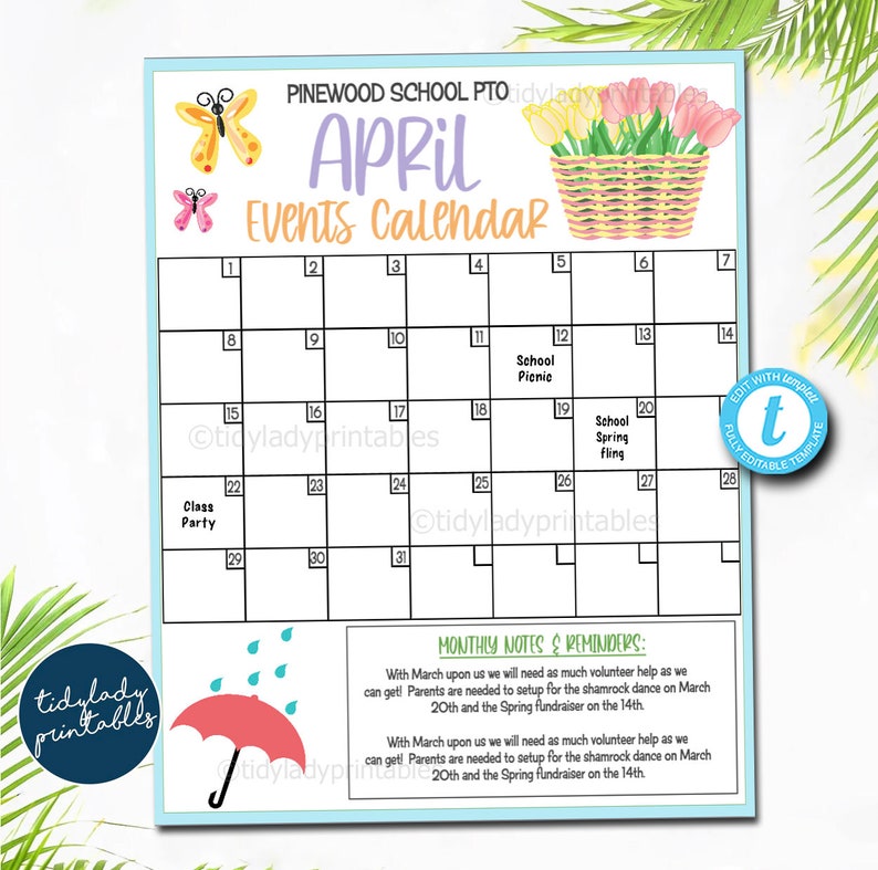 Editable April Events Calendar: Spring PTO PTA Handout (printable) - Etsy