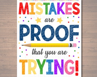 Classroom Decor, Mistakes Are Proof You're Trying Poster, Counselor Office Poster, Social Work Office Art, Educational Motivational Poster