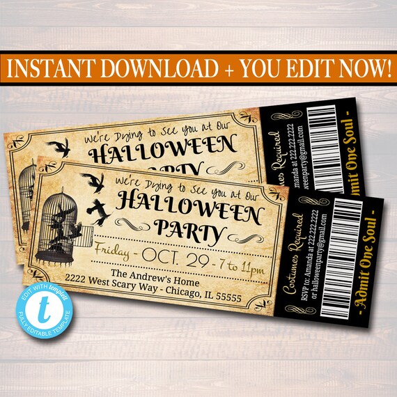 Printable Halloween Ticket Invitation, Costume Party Invitation, Birthday, Kid's Halloween Party Invite, Adult Halloween, INSTANT DOWNLOAD Il_570xn