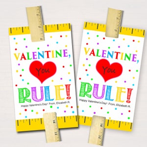 EDITABLE Valentine&#39;s Day Ruler Tags, INSTANT DOWNLOAD, Printable Kids Non-Candy Valentine, Classroom Valentines, You Rule Valentine Cards
