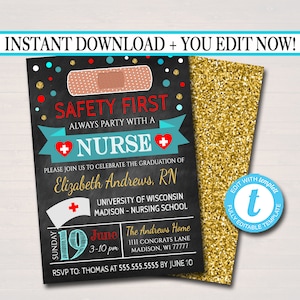 Editable Nurse Graduation Invitation Chalkboard Printable Digital College Grad Invite Graduation Party, RN Announcement, INSTANT DOWNLOAD