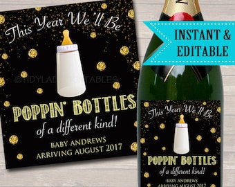 Baby Champagne Label New Years Pregnancy Announcement Printable Wine Label, New Years Eve Pregancy Reveal Poppin Bottles of a Different Kind