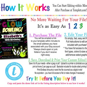 Puede incluir: Un dise&ntilde;o gr&aacute;fico colorido para una invitaci&oacute;n de fiesta de cumplea&ntilde;os de bolos fluorescentes. La invitaci&oacute;n presenta un fondo negro con acentos verde ne&oacute;n, rosa y azul. El texto "You're invited to Glow Bowling!" est&aacute; escrito en negrita, en verde ne&oacute;n. La invitaci&oacute;n tambi&eacute;n incluye el texto "to celebrate Elizabeth's 10th Birthday" y detalles sobre la fiesta, incluida la fecha, la hora y la ubicaci&oacute;n. La invitaci&oacute;n est&aacute; dise&ntilde;ada para ser editada e impresa en casa.