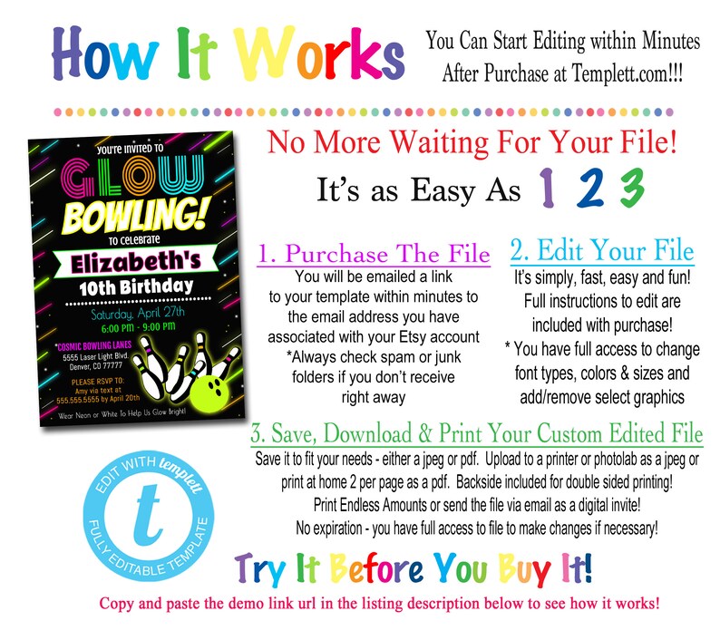 Puede incluir: Un dise&ntilde;o gr&aacute;fico colorido para una invitaci&oacute;n de fiesta de cumplea&ntilde;os de bolos fluorescentes. La invitaci&oacute;n presenta un fondo negro con acentos verde ne&oacute;n, rosa y azul. El texto "You're invited to Glow Bowling!" est&aacute; escrito en negrita, en verde ne&oacute;n. La invitaci&oacute;n tambi&eacute;n incluye el texto "to celebrate Elizabeth's 10th Birthday" y detalles sobre la fiesta, incluida la fecha, la hora y la ubicaci&oacute;n. La invitaci&oacute;n est&aacute; dise&ntilde;ada para ser editada e impresa en casa.