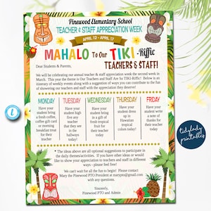 Editable Tiki-riffic Tropical Teacher Appreciation Staff Newsletter, Printable Appreciation Week Beach Hawaiian Luau Theme, Take Home Flyer