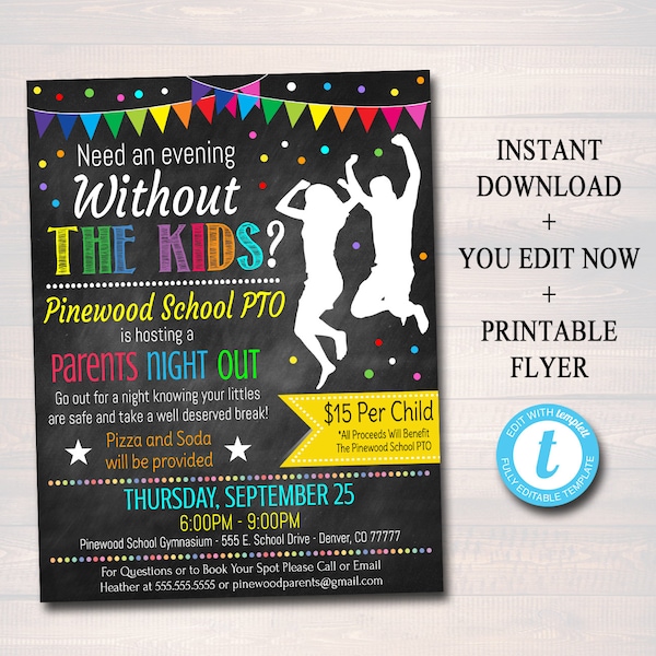 EDITABLE Parents Night Out Flyer, Printable PTA, PTO, School Family Fundraiser Event, Community Center, Church Printable Digital Invitation