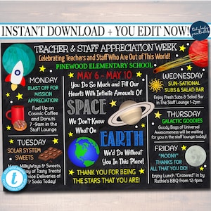 EDITIERBARE Weltraum-Thema-Lehrer-Anerkennungswoche Reiseplan Poster Digitaler Wochenplan-Events, SOFORTIGER DOWNLOAD pto pta Fundraiser Printables