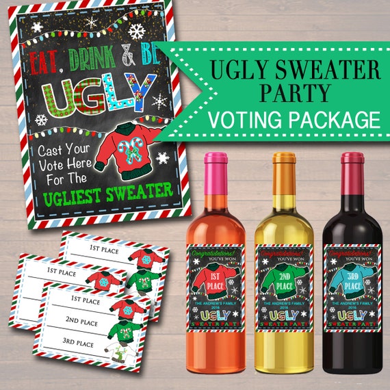 EDITABLE Ugly Sweater Party Awards, Holiday Award Labels, Chirstmas Custom Wine Labels, Ugly Sweater Prizes, Vote For the Ugliest Sweater Il_570xn