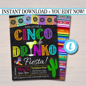 Editable Cinco De Drinko Fiesta Invitation Chalkboard Printable Adult Birthday Party, Mexican Cinco De Mayo Party Invite, INSTANT DOWNLOAD