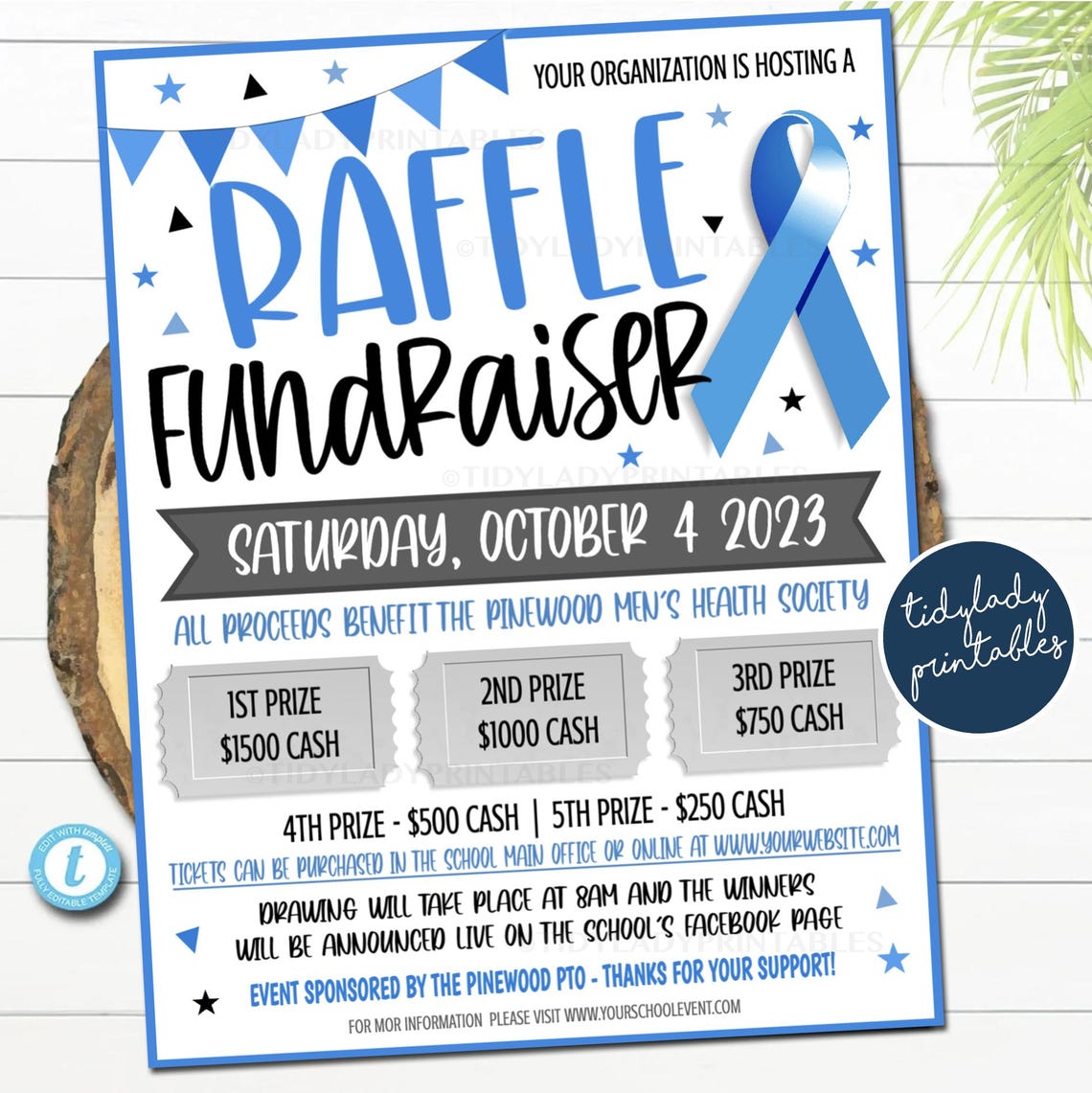Blue Ribbon Raffle Fundraiser Flyer: Editable Template (digital ...