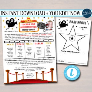 Editable Hollywood Teacher Appreciation Staff Invitation Newsletter, Printable Appreciation Week of Events, Take Home Flyer INSTANT DOWNLOAD