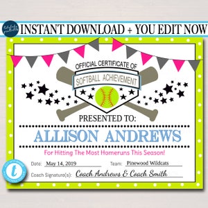 EDITABLE Softball Certificates INSTANT DOWNLOAD Softball Award, Printable Girls Softball Team Participation Awards, Sports Acheivement