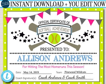 EDITABLE Softball Certificates INSTANT DOWNLOAD Softball Award, Printable Girls Softball Team Participation Awards, Sports Acheivement