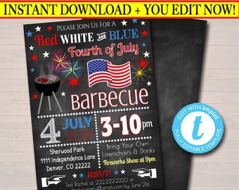 Editable 4th of July BBQ Invitation: Red, White & Blue (Digital Download)