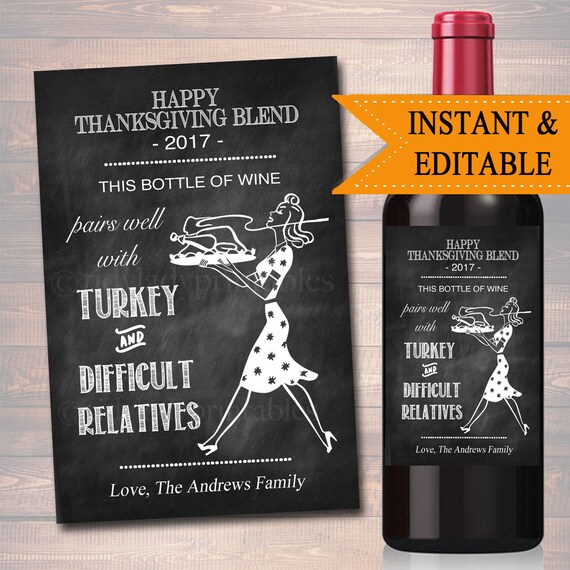 Editable Wine Label Thanksgiving Turkey Printable Chalkboard Hostess T Friendsgiving Instant